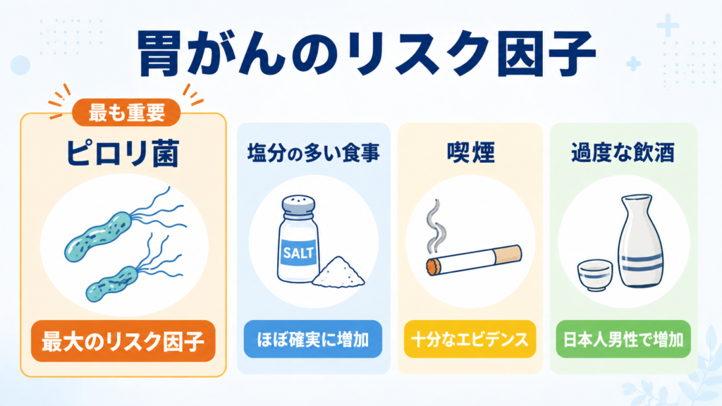 胃がんの主なリスク因子4つを示した図解。ピロリ菌感染が最大のリスク因子であり、塩分の多い食事、喫煙、過度な飲酒もリスクを高めることを示している。