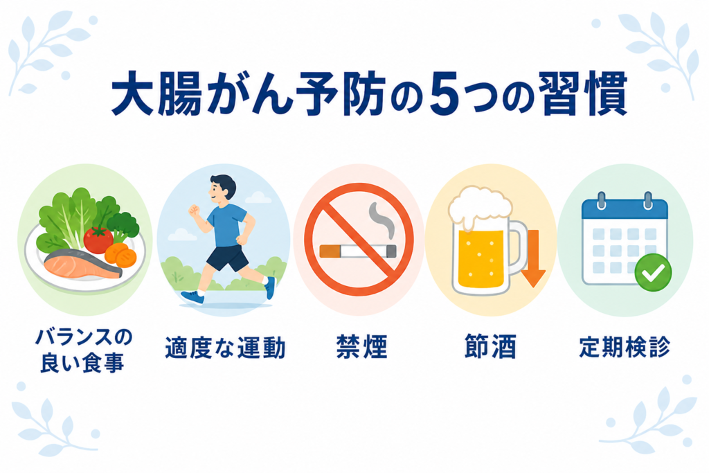 大腸がん予防のための生活習慣改善ポイントを示すイラスト