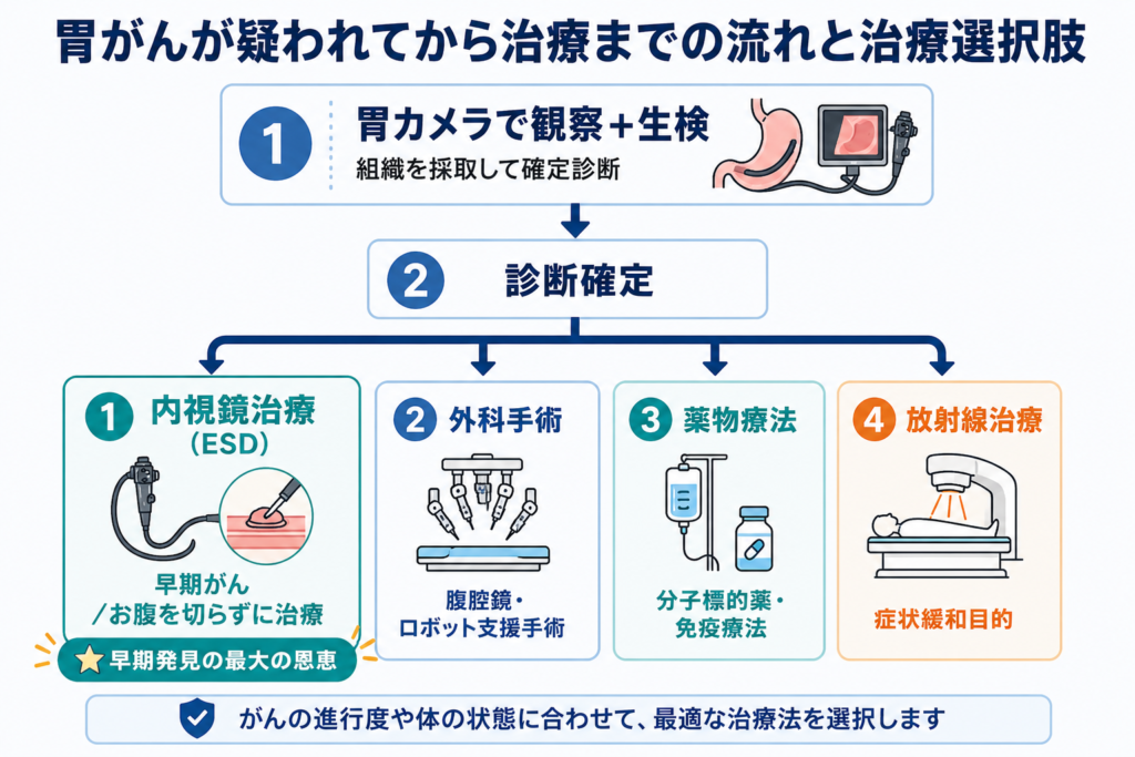 胃がんが疑われた場合の診断と治療の流れを示したフローチャート。胃カメラと生検で確定診断後、内視鏡治療（ESD）、外科手術、薬物療法、放射線治療のいずれかが選択される。