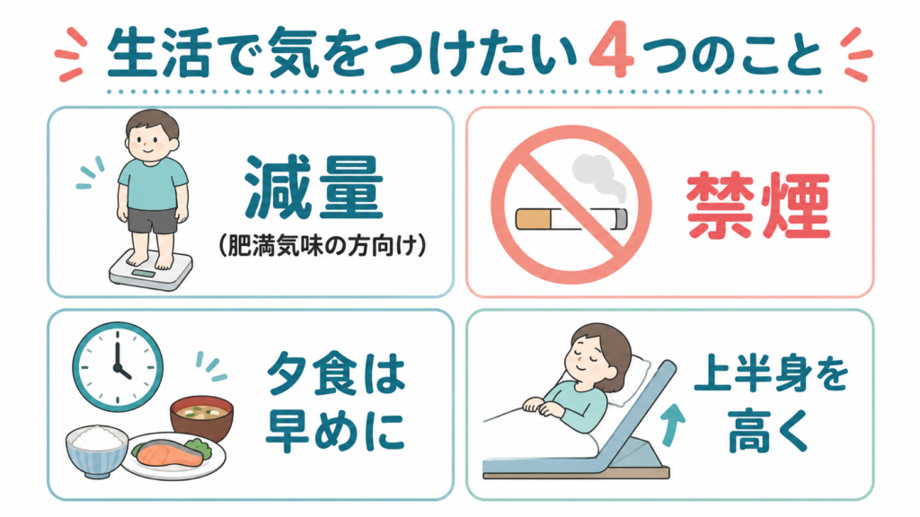逆流性食道炎を改善する4つの生活習慣(減量・禁煙・遅い夕食回避・上半身挙上)