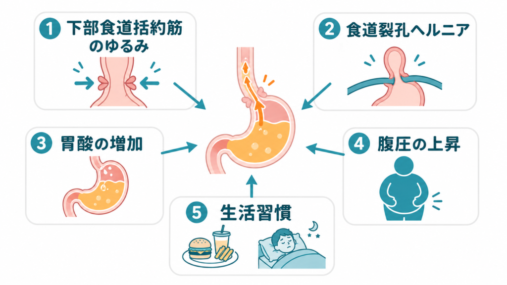 逆流性食道炎の主な5つの原因の整理図