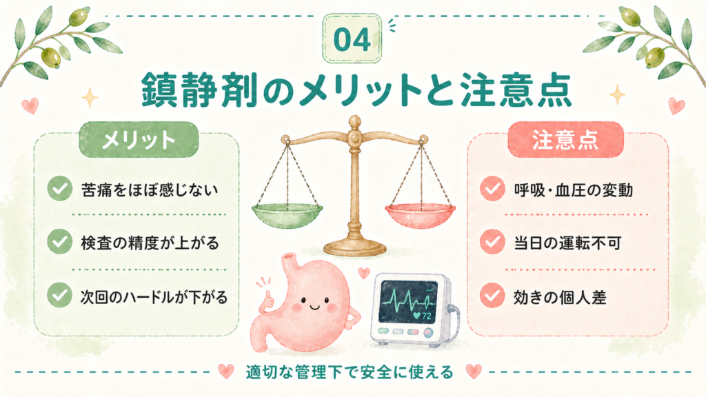 胃カメラで使う鎮静剤のメリットとデメリット・注意点をまとめたイラスト