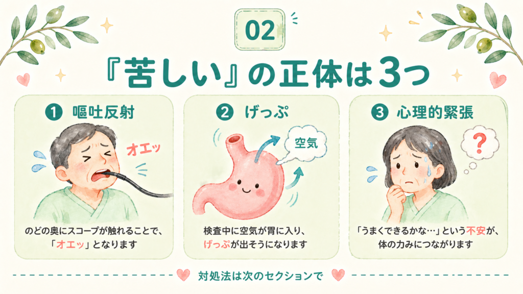 胃カメラで「苦しい」と感じる原因とその軽減策を示すイラスト