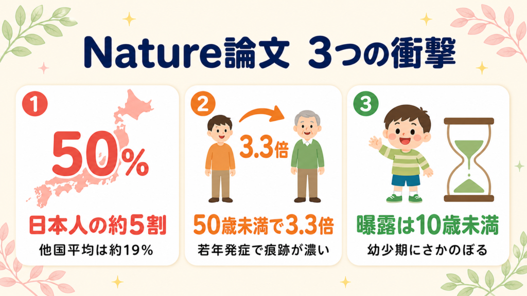 Nature論文で示された3つの衝撃（日本人の約5割・50歳未満で3.3倍・曝露は10歳未満）をまとめた図解
