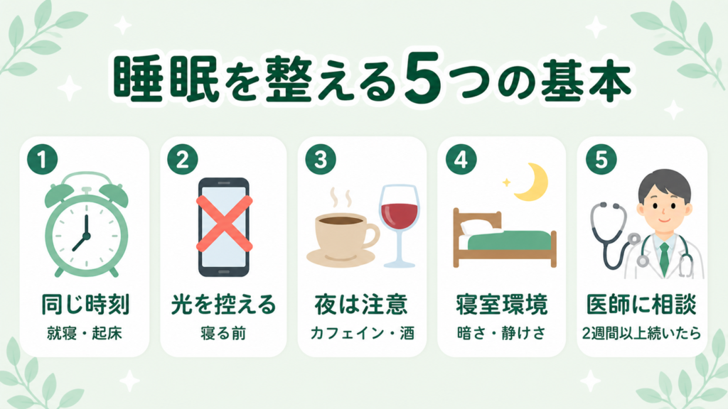 睡眠を整える5つの基本(就寝起床時刻・寝る前のスマホ・カフェイン酒・寝室環境・医師相談)をフラットなカードで紹介する図