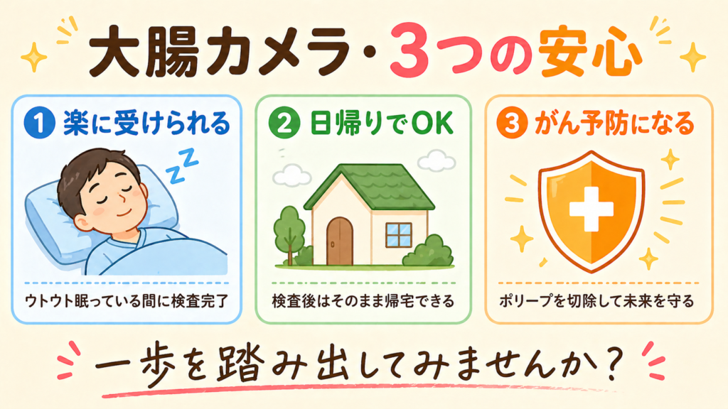 大腸カメラはポリープ切除で大腸がんを予防できる検査であることを伝えるまとめイラスト