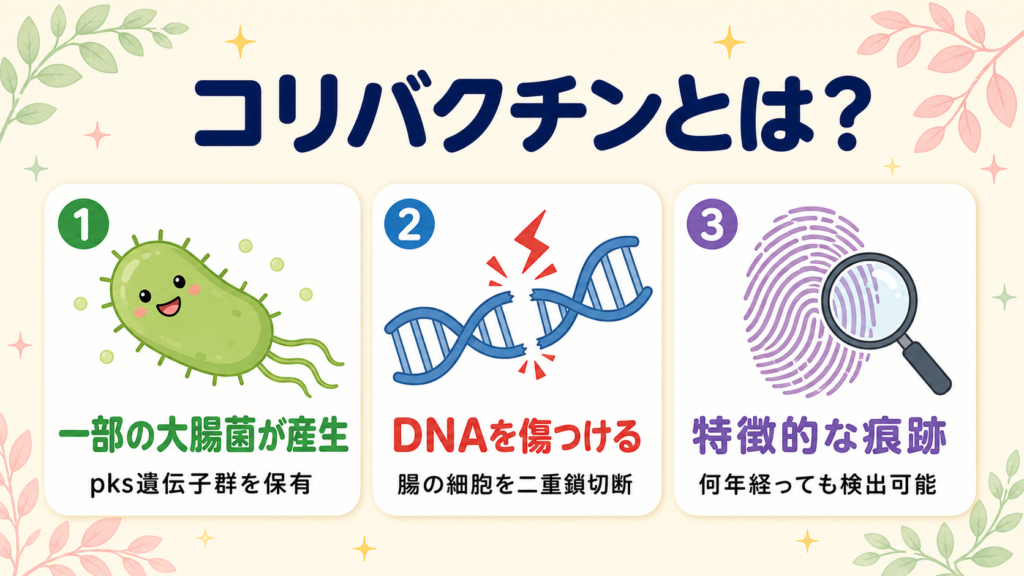 コリバクチンが一部の大腸菌から産生されDNAを傷つけ特徴的な変異シグネチャーを残すことを示す図解