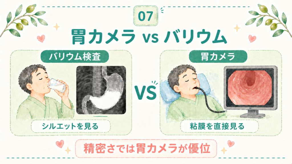 胃カメラとバリウム検査(胃部X線検査)の違いと選ぶべき理由を比較するイラスト