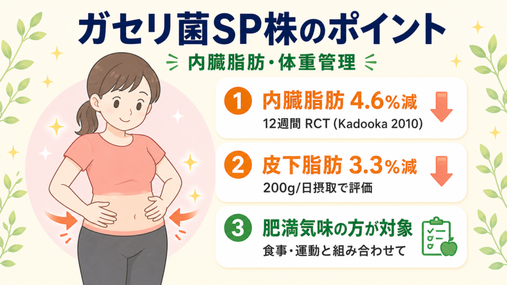 ガセリ菌SP株(SBT2055)の効果——12週間のRCTで内臓脂肪面積4.6%減・皮下脂肪3.3%減を示し、肥満傾向の方が対象であることを示す解説図