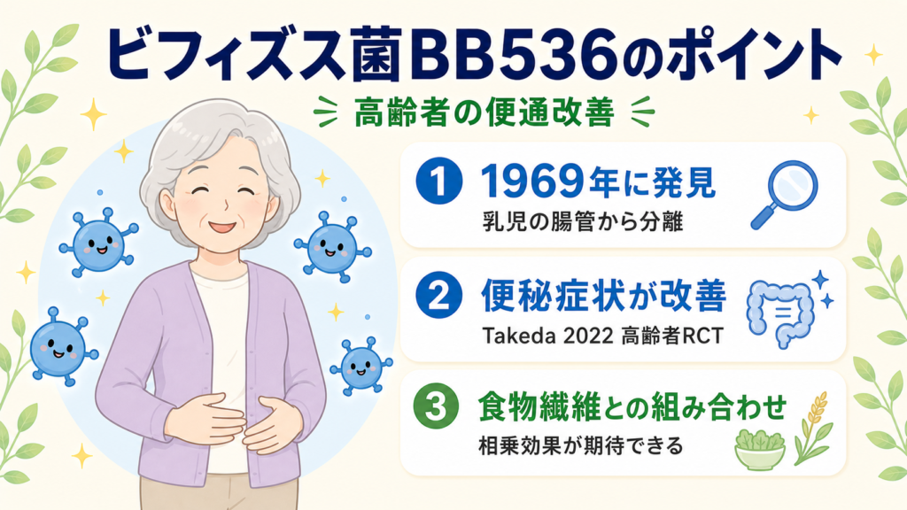 ビフィズス菌BB536の3つの特徴——1969年に乳児の腸管から発見された歴史、高齢者の慢性便秘症の改善が報告されたTakeda 2022 RCT、食物繊維との組み合わせによる相乗効果を示す解説図