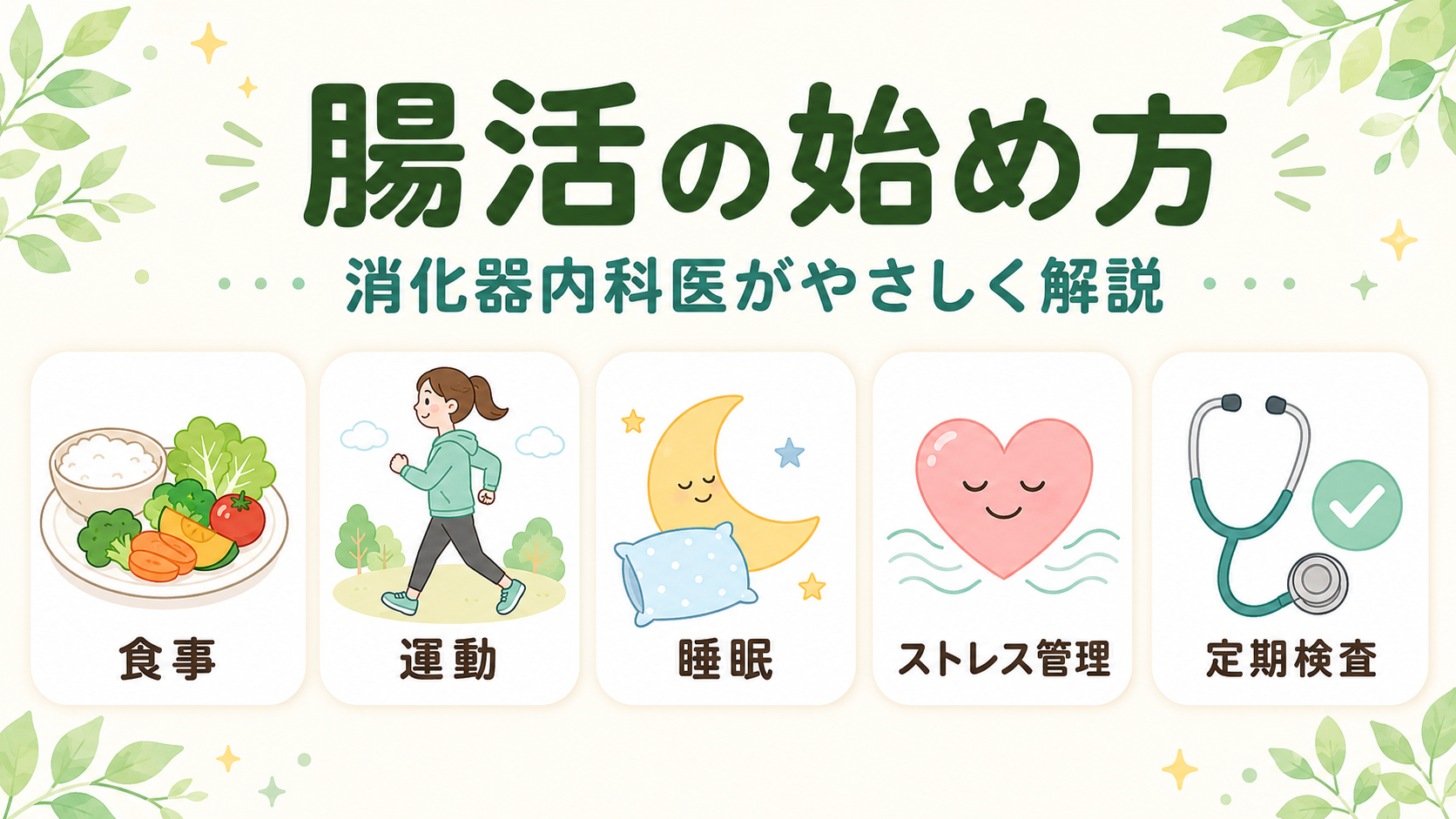 腸活の始め方の入門ガイドのアイキャッチ画像。食事・運動・睡眠・ストレス管理・定期検査の5つの観点をアイコンで示している