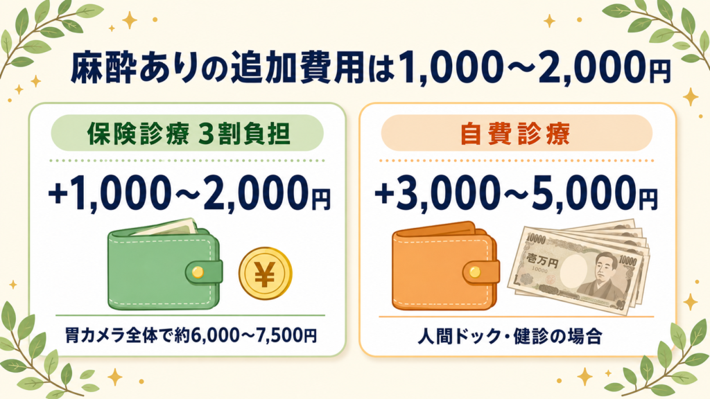 胃カメラの麻酔追加費用を保険診療と自費診療で比較した図