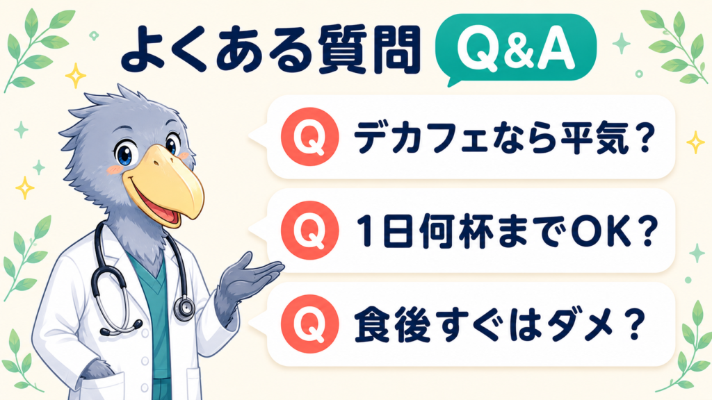 コーヒーと下痢に関するよくある質問にハシビロコウ医師が答えるイラスト