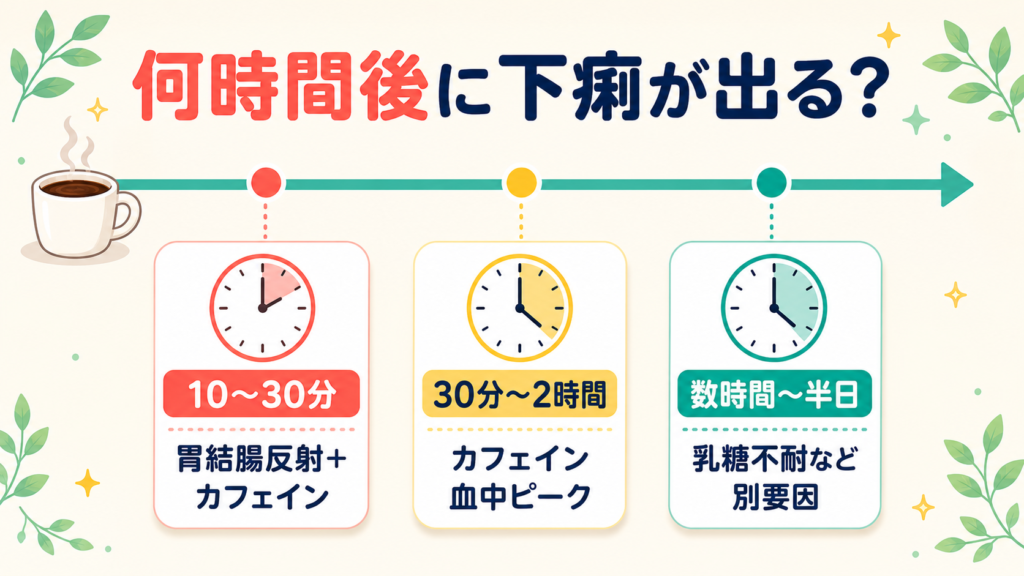 コーヒー摂取後に下痢が出るまでの時間別の原因を示すタイムラインイラスト