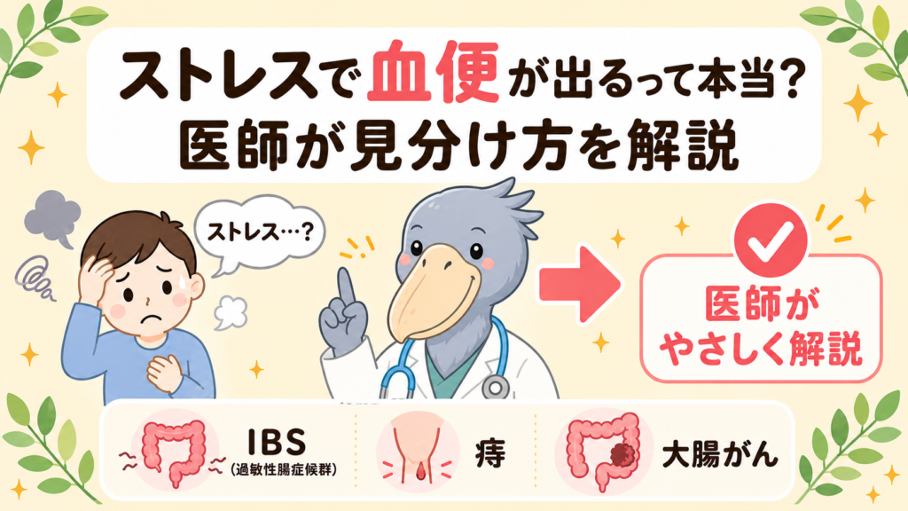 ストレスで血便が出る原因と大腸がん・痔との見分け方を消化器内科医のキャラクターが解説するアイキャッチ画像