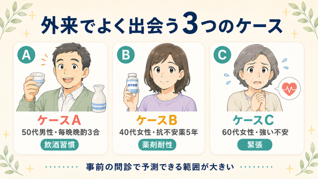 鎮静剤が効きにくかった患者の3つの典型ケースを示した図