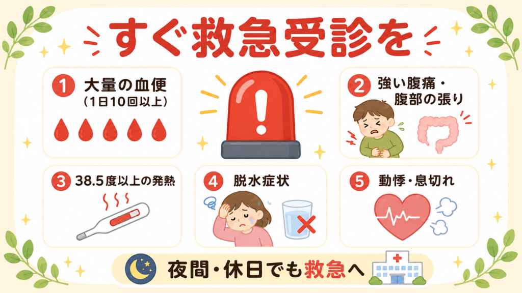 潰瘍性大腸炎の救急受診すべき5つの危険サイン（大量血便・強い腹痛・高熱・脱水・動悸息切れ）