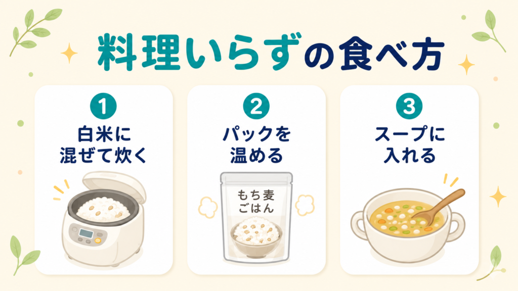 もち麦の料理不要な食べ方3つ（白米に混ぜる・パック・スープ）を示した図