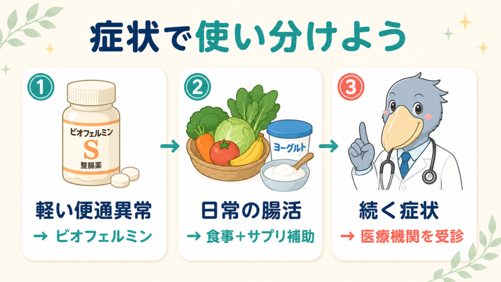 症状別の使い分けまとめ図。軽い便通異常にはビオフェルミン、日常の腸活には食事＋サプリ補助、続く症状にはハシビロコウ医師による受診を案内する