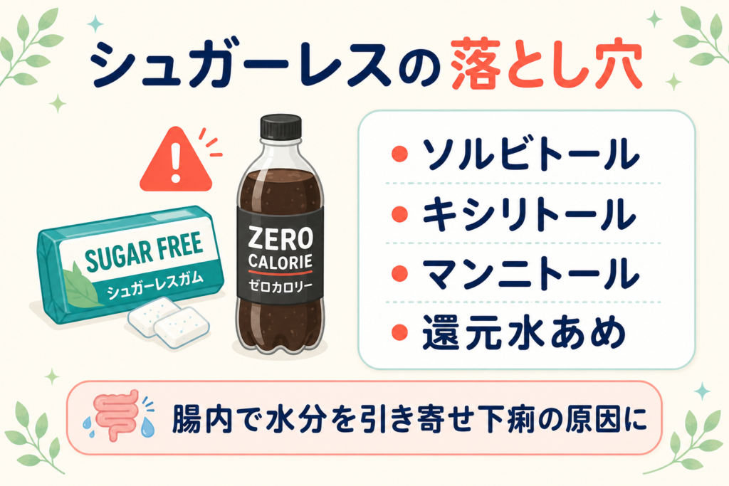 シュガーレス商品に含まれる人工甘味料・糖アルコールが下痢を引き起こす理由を示すイラスト