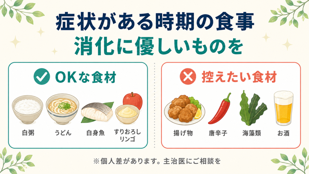 潰瘍性大腸炎活動期にOKな食材（白粥・うどん・白身魚・すりおろしリンゴ）と控えたい食材（揚げ物・唐辛子・海藻・酒）を比較した図解