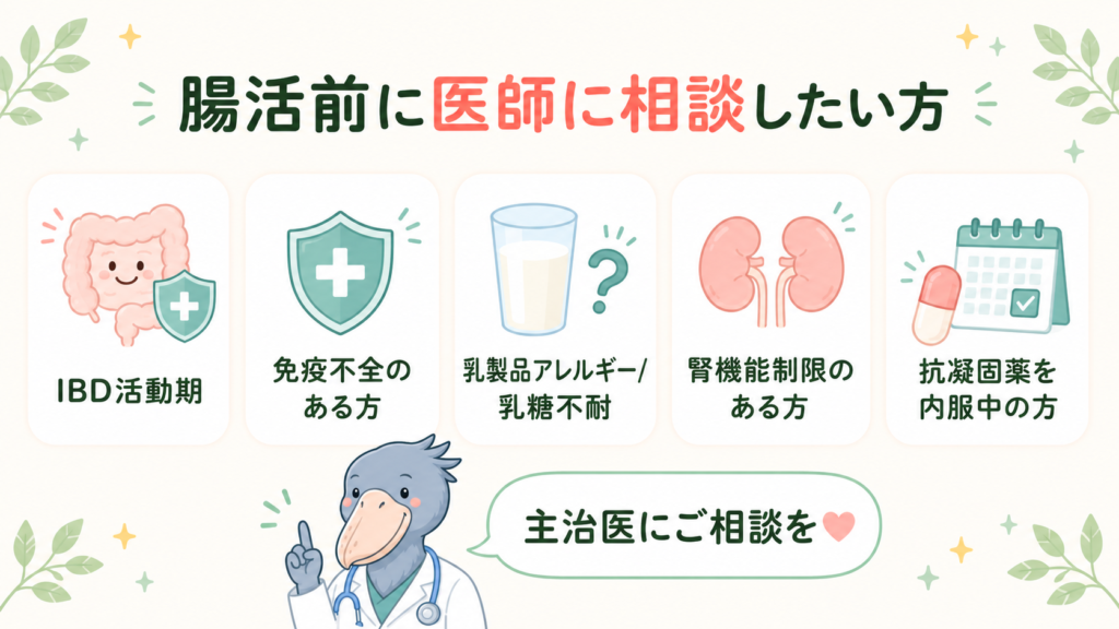 腸活を始める前に医師への相談が望ましい5つのケース(IBD活動期・免疫不全・乳製品アレルギーや乳糖不耐症・腎機能制限・抗凝固薬内服中)を示した図