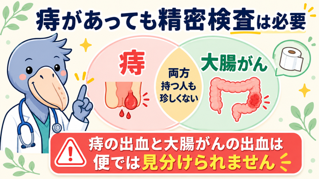 痔と大腸がんが同時に存在する可能性を示すベン図