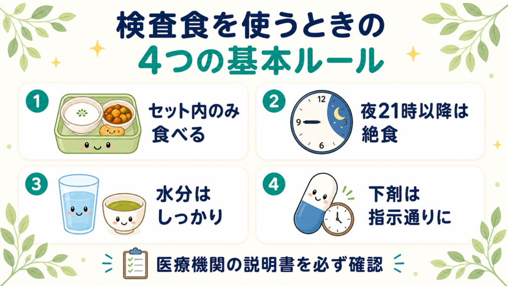 大腸検査食を使うときの4つの基本ルール:セット内のみ食べる・夜21時以降絶食・水分補給・下剤指示順守