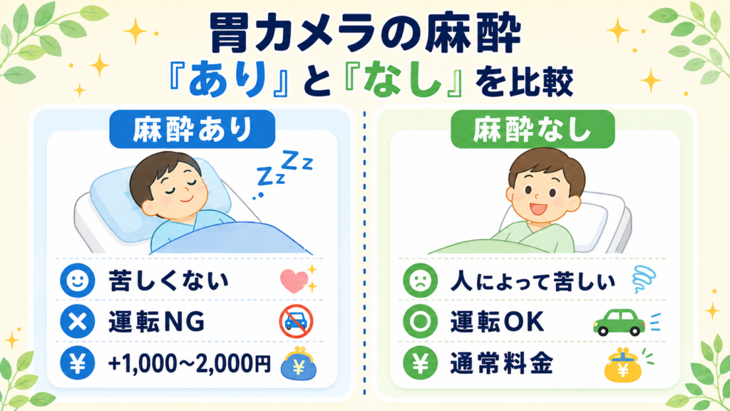 胃カメラの麻酔「あり」と「なし」のメリット・デメリットを左右で比較した図