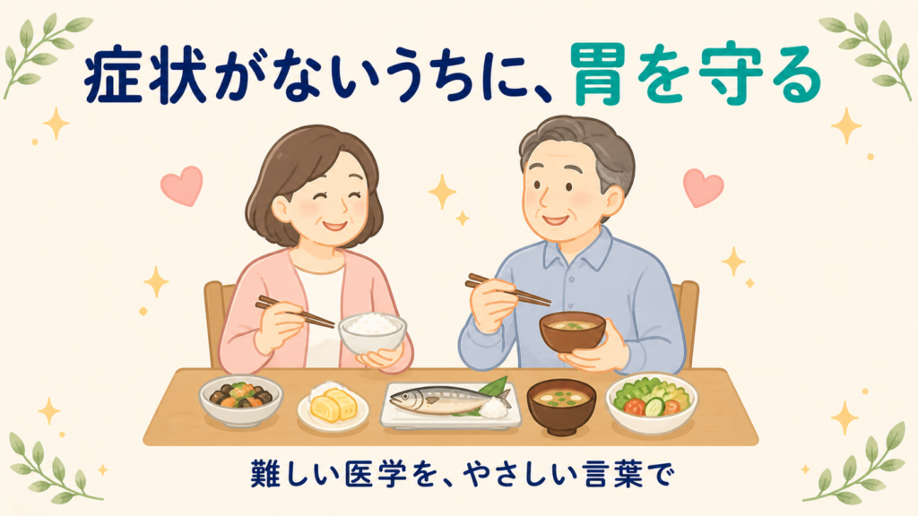 中高年の夫婦が和食を一緒に食べているイラスト。焼き魚や卵料理など、ビタミンB12を含む食品が並ぶ食卓で、症状がないうちに胃を守ることの大切さを表現