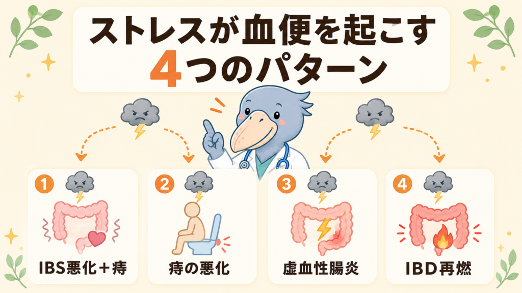 ストレスが血便を起こす4つのメカニズム（IBS悪化＋痔、痔、虚血性腸炎、IBD再燃）を示すインフォグラフィック