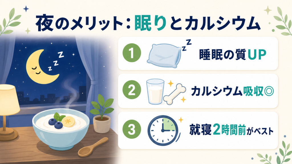夜にヨーグルトを食べるメリット（睡眠改善・カルシウム吸収）を示すインフォグラフィック