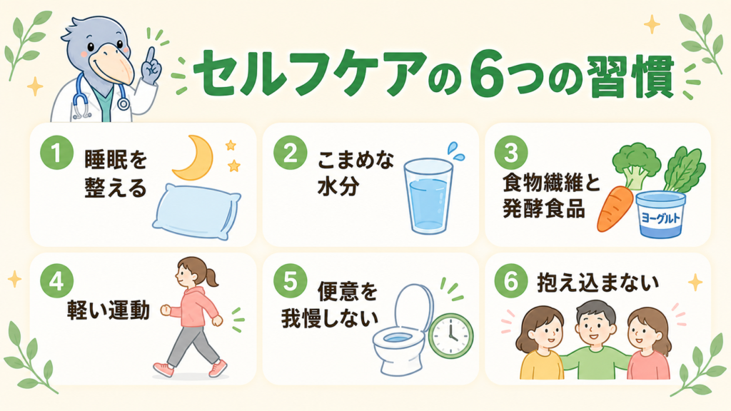 ストレス性血便を改善する6つのセルフケア習慣（睡眠・水分・食事・運動・トイレ習慣・心のケア）