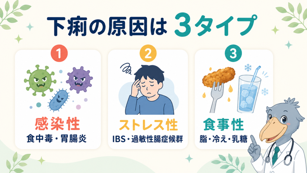 下痢の原因3タイプ（感染性・ストレス性・食事性）を消化器内科医のハシビロコウが解説する図