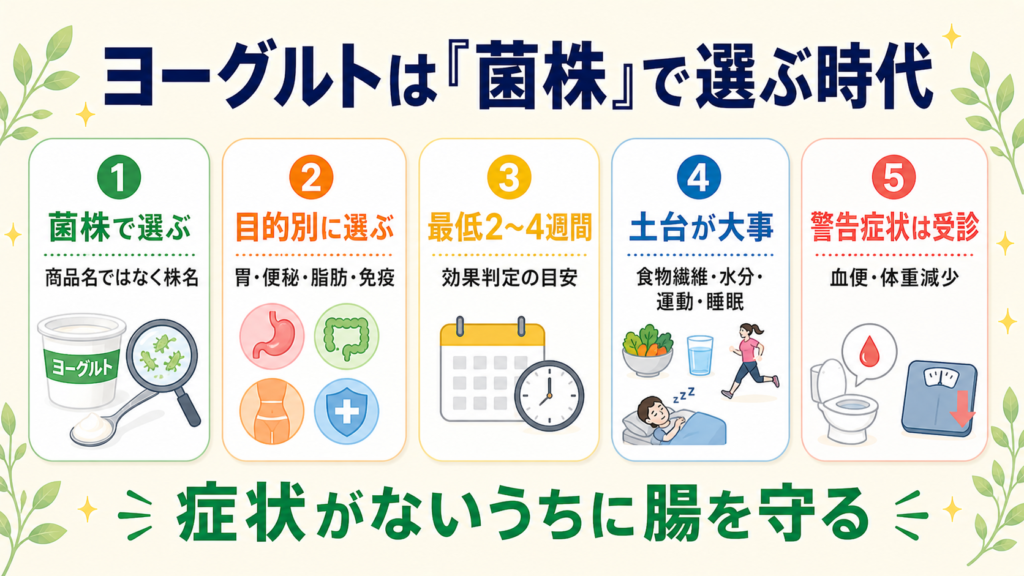 ヨーグルト記事のまとめ——菌株で選ぶ・目的別に選ぶ・最低2〜4週間の継続・生活習慣の土台が大事・警告症状時は医療機関を受診の5箇条と、ブログのキャッチコピー「症状がないうちに腸を守る」を示すまとめ図