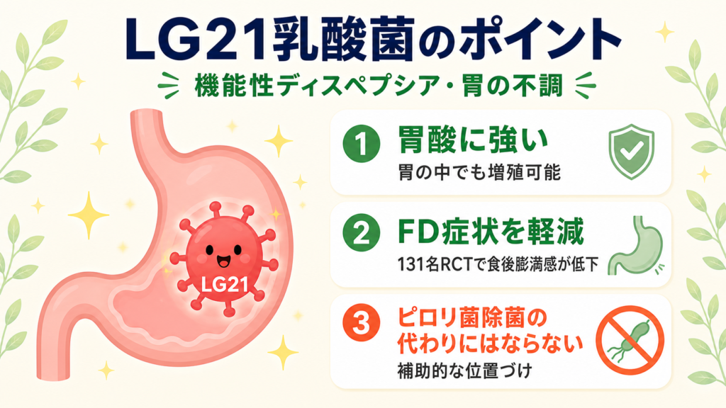 LG21乳酸菌の3つの特徴——胃酸への耐性、機能性ディスペプシア(FD)症状の軽減、ピロリ菌除菌治療の代わりにはならない補助的な位置づけを示す解説図