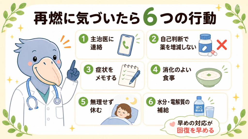 潰瘍性大腸炎が再燃したらすぐやるべき6つの行動（主治医連絡・薬の自己判断回避・記録・食事・休息・水分補給）