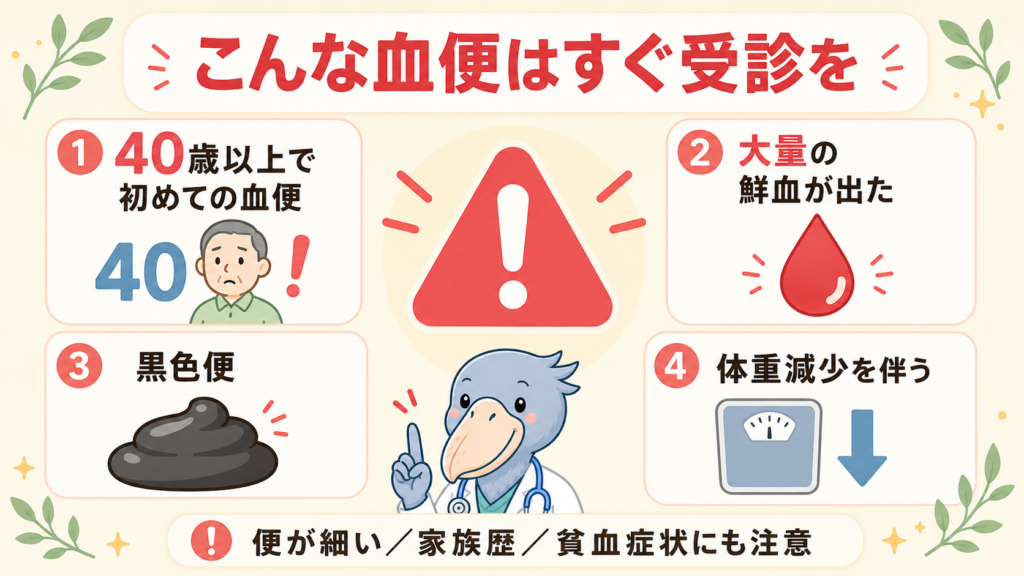 すぐに受診すべき4つの危険な血便のサイン（40歳以上・大量出血・黒色便・体重減少）
