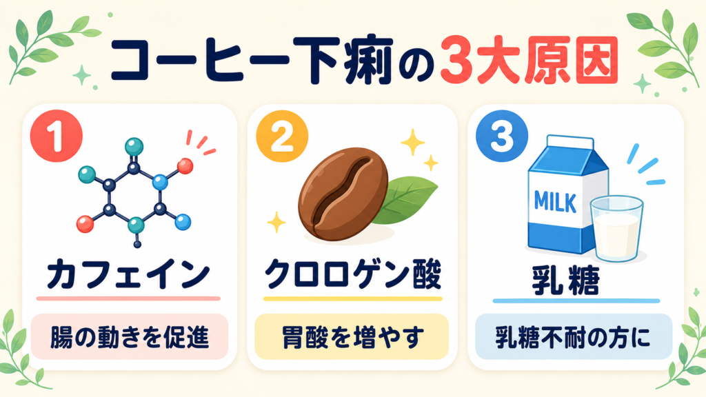 コーヒーで下痢する3大原因(カフェイン・クロロゲン酸・乳糖)を示すインフォグラフィック
