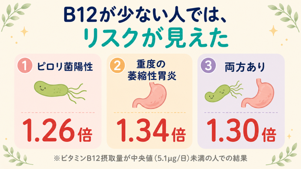 ビタミンB12摂取量が少ない人でのリスクを示すインフォグラフィック。ピロリ菌陽性で1.26倍、重度の萎縮性胃炎で1.34倍、両方ありで1.30倍の認知症リスク上昇