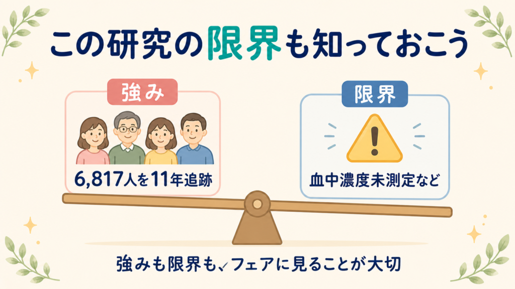 研究の強みと限界を天秤で示すイラスト。6,817人を11年追跡した強みと、血中濃度未測定などの限界をフェアに比較