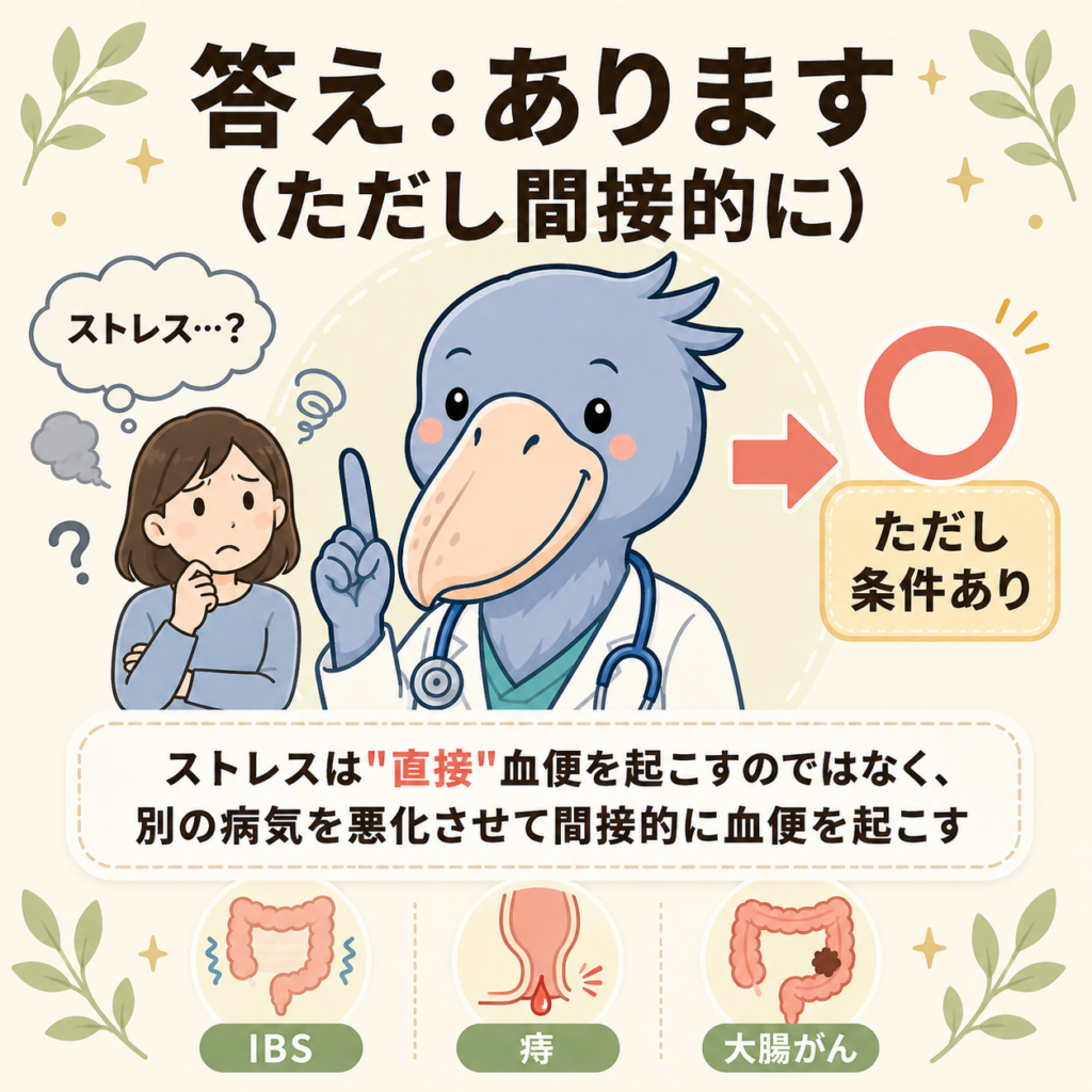 ストレスで血便が出るかという問いに「あります（ただし間接的に）」と答える医師キャラクターのイラスト