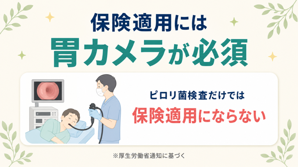 ピロリ菌検査の保険適用には胃カメラ検査が必須であることを示す結論の図解