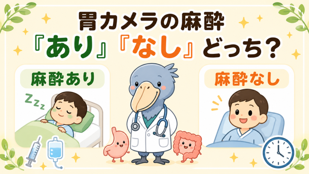胃カメラの麻酔「あり」「なし」の違いと選び方を、消化器内科医のキャラクターが解説するアイキャッチ画像
