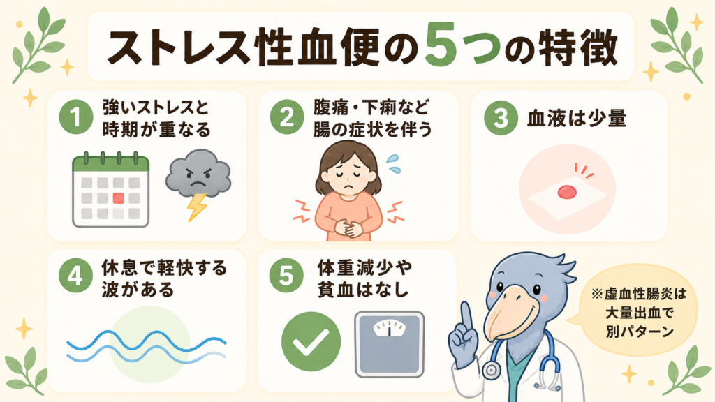 ストレス性血便の5つの特徴（ストレスと時期一致・腹痛伴う・少量・波がある・体重減少なし）