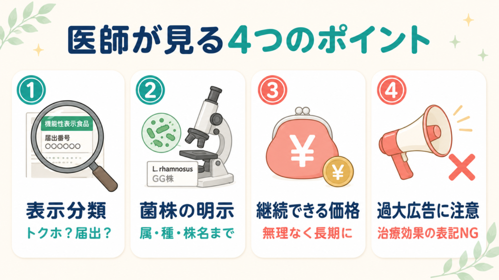 腸活サプリ選びで医師が確認する4つのポイント(表示分類、配合菌株の明示、継続できる価格、過大広告に注意)を整理した図