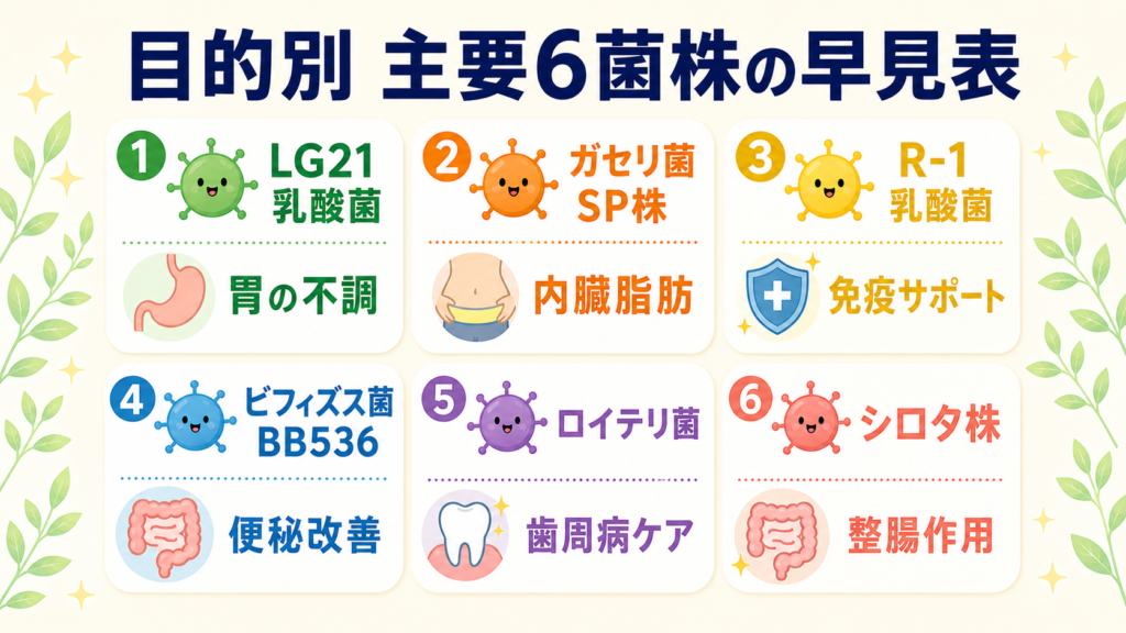 主要6菌株(LG21・ガセリ菌SP株・R-1・BB536・ロイテリ菌・シロタ株)それぞれの目的別の効果を一覧で示した比較インフォグラフィック