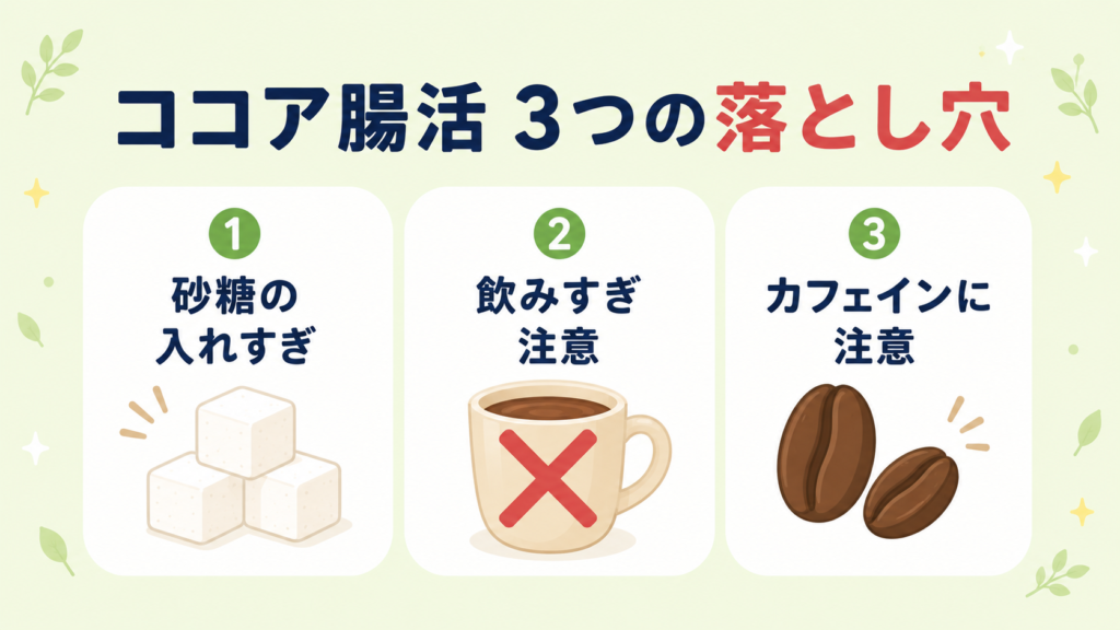 ココア腸活で注意したい3つの落とし穴（砂糖の入れすぎ・飲みすぎ・カフェイン）を示した図