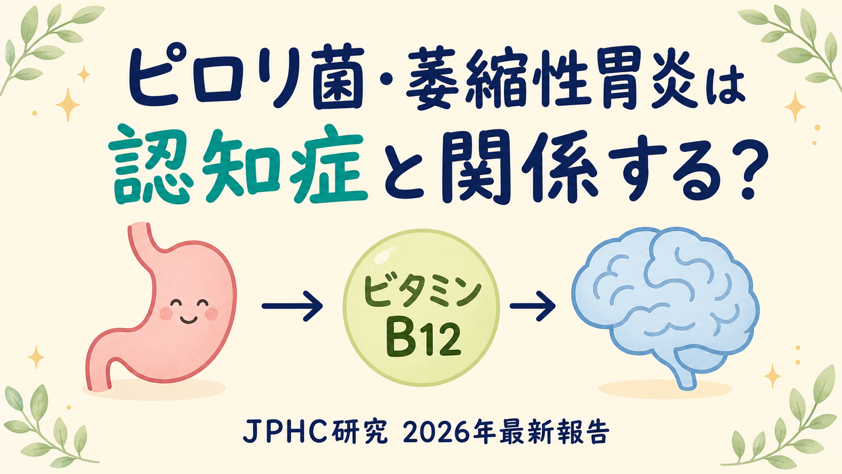 ピロリ菌・萎縮性胃炎と認知症の関連を示すアイキャッチ画像。胃と脳のイラストが「ビタミンB12」を介して矢印でつながっている。JPHC研究2026年最新報告