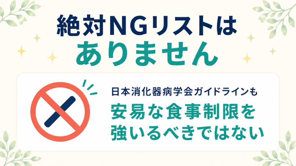 潰瘍性大腸炎には絶対NGリストはなくガイドラインも安易な食事制限を強いるべきではないとしていることを示す図解